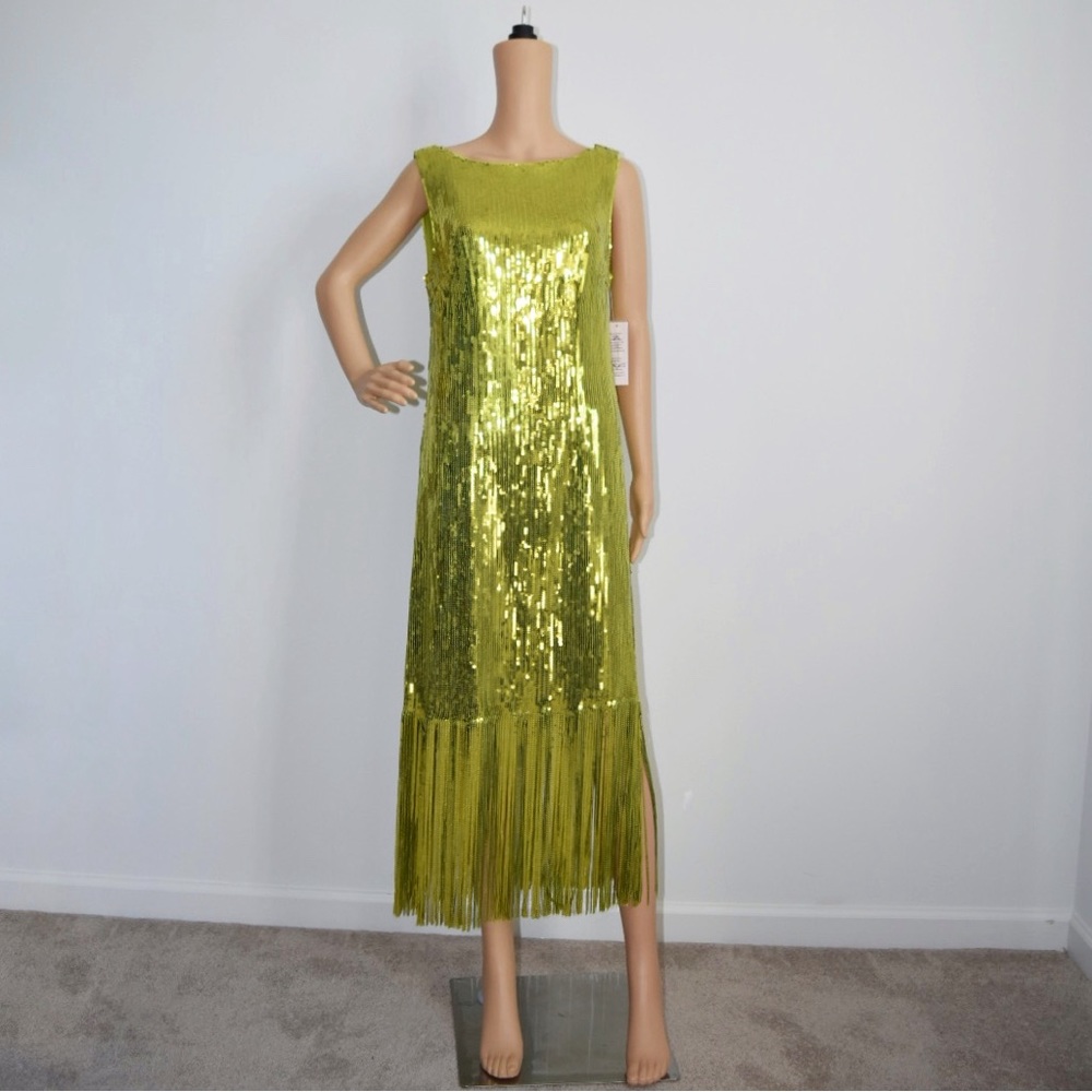 Nanette Lepore Lime Green Sequin Fringe Midi Dress